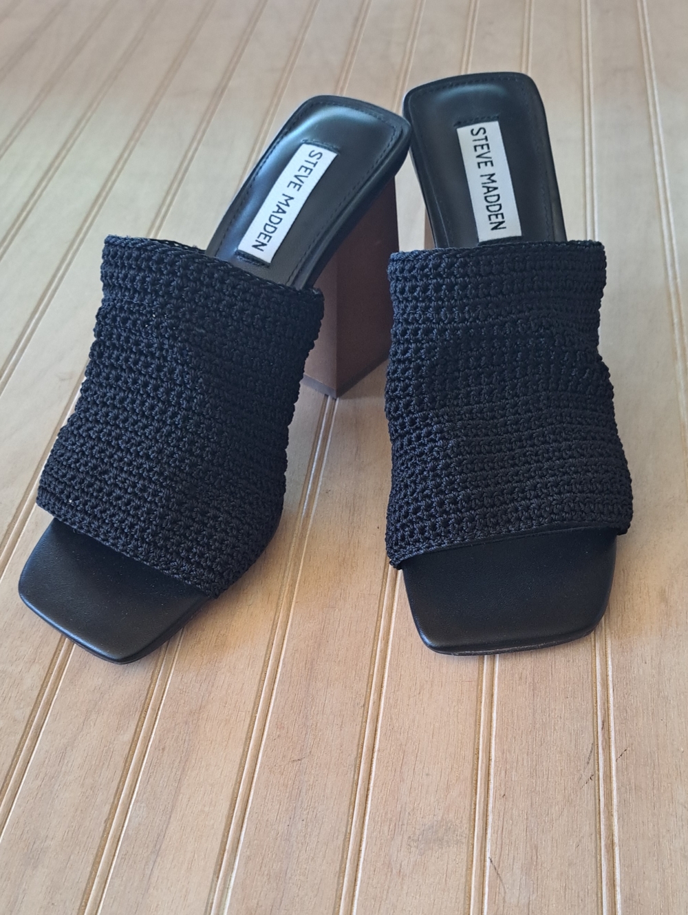 Steve Madden Blk Crochet Square Toe Block Heel Slide Sandals Y2k Stylish Trendy